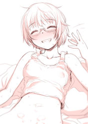 Rule 34 | 1girl, aftersex, blush, bottomless, closed eyes, covered erect nipples, cum, cum on body, glasses, grin, jewelry, lying, monochrome, on back, original, ring, sakaki imasato, sexually suggestive, short hair, smile, solo, suggestive fluid, sweat, tank top, wedding band, white background