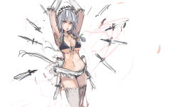 Rule 34 | 1girl, alternate breast size, apron, armpits, arms up, bikini, braid, breasts, choker, cleavage, elbow gloves, front-tie bikini top, front-tie top, gloves, highres, izayoi sakuya, knife, large breasts, looking at viewer, maid apron, maid headdress, navel, panties (pantsu-pirate), red eyes, short hair, silver hair, solo, swimsuit, thighhighs, touhou, twin braids, underboob, waist apron, white gloves, white thighhighs