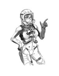 Rule 34 | bodysuit, breasts, commander rab(layer industries), gas mask, glasses, gloves, greyscale, hand on own hip, hazmat suit, highres, hose, light blush, mask, medium breasts, monochrome, original, pointing, pointing up, scuba, scuba gear, sketch, skin tight, strap, thigh strap, white background