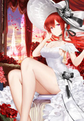 Rule 34 | 1girl, absurdres, alternate costume, an yasuri, azur lane, bad id, bad pixiv id, bare shoulders, blurry, blurry background, breasts, choker, cleavage, covered erect nipples, day, dress, earrings, evening, feet out of frame, flower, hair between eyes, hair bun, hand on own face, hand up, hat, highres, jewelry, large breasts, monarch (azur lane), petals, purple eyes, red flower, red hair, red rose, rose, sidelocks, single hair bun, sitting, solo, thighs, white dress, white hat