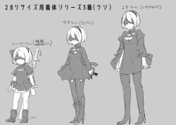 Rule 34 | 1girl, age progression, android, blindfold, boots, bow, breasts, dress, elbow gloves, fur trim, gloves, hairband, high heel boots, high heels, legs, mole, mole under mouth, nier (series), nier:automata, ribbon, short hair, skirt, sword, thighhighs, weapon, 2b (nier:automata), aged down