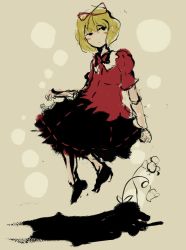 Rule 34 | 1girl, bad id, bad pixiv id, beige background, black skirt, blonde hair, blush stickers, bow, doll joints, faux traditional media, floating, flower, full body, hair bow, highres, joints, legs, lily of the valley, looking to the side, medicine melancholy, red bow, red shirt, shadow, shirt, shoes, short hair, simple background, skirt, solo, stitches, sumi-e, timesoe, touhou
