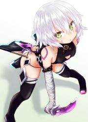 Rule 34 | 1girl, arm behind back, arm belt, bandaged arm, bandages, baram, bare shoulders, black gloves, commentary request, dagger, dual wielding, eyes visible through hair, facial scar, fate/apocrypha, fate (series), fingerless gloves, gloves, green eyes, hair between eyes, holding, jack the ripper (fate/apocrypha), knife, leaning forward, legs apart, looking at viewer, scar, scar across eye, scar on cheek, scar on face, short hair, shoulder tattoo, simple background, single glove, solo, tattoo, weapon