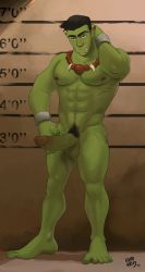 Rule 34 | 1boy, abs, barefoot, colored skin, erection, feet, full body, green skin, highres, kupo klein, male focus, muscular, nude, orc, pectorals, penis, pointy ears, presenting, solo, testicles, toes