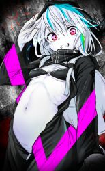 Rule 34 | 10s, 1girl, abyssal ship, breasts, glowing, glowing eyes, gradient background, grin, highres, hood, hoodie, kantai collection, makabe gorou, navel, o-ring, o-ring top, pale skin, re-class battleship, red eyes, scarf, short hair, silver hair, small breasts, smile, solo