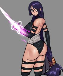 Rule 34 | 1girl, absurdres, ass, back, black leotard, commission, cosplay, elbow gloves, energy, energy sword, energy weapon, fate/grand order, fate (series), gloves, glowing, glowing sword, glowing weapon, highleg, highleg leotard, highres, huge ass, leotard, long hair, mano (manobece), marvel, minamoto no raikou (fate), psylocke, psylocke (cosplay), purple eyes, purple hair, sword, thigh strap, very long hair, weapon, wrist blade, x-men
