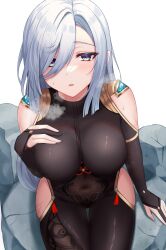 Rule 34 | 1girl, absurdres, black bodysuit, blue eyes, blush, bodysuit, breast suppress, breasts, breath, clothing cutout, covered navel, cowboy shot, genshin impact, gloves, gold trim, hair between eyes, has bad revision, has downscaled revision, highres, hip vent, large breasts, long hair, looking at viewer, md5 mismatch, mikoto paint, parted lips, partially fingerless gloves, resolution mismatch, shenhe (genshin impact), shoulder cutout, sitting, solo, source smaller, sweat, swept bangs, tassel, thighs, white hair