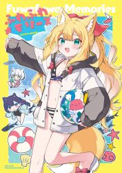 Rule 34 | 3girls, :d, absurdres, animal ear fluff, animal ears, ball, beachball, bikini, bikini under clothes, blonde hair, blue eyes, blush, breasts, carrying, carrying under arm, character request, cleavage, comiket 102, commentary request, cover, cover page, fang, fox ears, fox girl, fox tail, fuwafuwa-chan (kamiyoshi rika), green eyes, grey hair, hair ribbon, highres, innertube, jacket, kamiyoshi rika, long hair, long sleeves, medium breasts, multicolored hair, multiple girls, open clothes, open jacket, open mouth, original, outstretched arm, petals, puffy long sleeves, puffy sleeves, purple hair, red ribbon, ribbon, sandals, sarasara-chan (kamiyoshi rika), sleeves past wrists, smile, standing, standing on one leg, starfish, striped bikini, striped clothes, swim ring, swimsuit, tail, two-tone hair, very long hair, white footwear, white hair, white jacket, yellow eyes