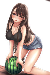 Rule 34 | 1girl, ;p, bare shoulders, bent over, black tank top, blush, breasts, brown hair, cleavage, crop top, cutoffs, denim, denim shorts, dripping, dutch angle, food, fruit, funky45, highres, holding, holding food, holding fruit, large breasts, long hair, looking at viewer, midriff, navel, one eye closed, original, porch, shiny skin, short shorts, shorts, simple background, sleeveless, smile, solo, sweat, tank top, taut clothes, tongue, tongue out, watermelon