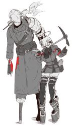 Rule 34 | 1boy, 1girl, ahoge, armor, asymmetrical arms, axe, blood, blood on clothes, blood splatter, breasts, crutch, cyborg, eyebrows, father and daughter, flat color, gas mask, gloves, greyscale, hair over one eye, helmet, highres, holding, holding weapon, indie virtual youtuber, jacket, jinzou (homunculus no jinzou), knight, large breasts, limited palette, mask, mechanical arms, military jacket, monochrome, parent and child, pauldrons, peg leg, pickaxe, pocket, pointing, puffy sleeves, red gloves, shoulder armor, single pauldron, steam, steampunk, thighhighs, thighs, v no name (vtuber), virtual youtuber, weapon, weeds, white background, zyugoya