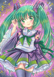 Rule 34 | 1girl, alternate eye color, alternate hair color, bare shoulders, beamed sixteenth notes, black thighhighs, bow, bowtie, closed mouth, cowboy shot, detached sleeves, eighth note, frilled skirt, frilled sleeves, frills, green bow, green bowtie, green eyes, green hair, green ribbon, hair between eyes, half note, hand in own hair, hatsune miku, head tilt, long hair, looking at viewer, marker (medium), musical note, pink background, purple bow, purple skirt, quarter note, ribbon, rui (sugar3), sample watermark, shirt, skirt, sleeveless, sleeveless shirt, smile, solo, staff (music), tattoo, thighhighs, traditional media, very long hair, vocaloid, watermark, white shirt, wide sleeves, zettai ryouiki