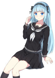 Rule 34 | 1girl, absurdres, arm support, black bow, black hair, black sailor collar, black serafuku, black shirt, black skirt, black socks, blue eyes, blue hair, bow, breasts, closed mouth, closers, collarbone, commentary request, expressionless, feet out of frame, frown, hairband, hand up, highres, invisible chair, kneehighs, knees together feet apart, korean commentary, light blue hair, long hair, long sleeves, looking at viewer, medium breasts, miniskirt, neckerchief, pleated skirt, sailor collar, school uniform, serafuku, shirt, simple background, sitting, skirt, sleeve cuffs, socks, solo, unscpro, violet (closers), white background, white neckerchief