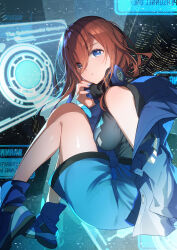 Rule 34 | 1girl, alternate costume, bare legs, bare shoulders, bison cangshu, black shirt, blue eyes, blue footwear, blue jacket, blue nails, blue skirt, boots, breasts, brown hair, colored eyelashes, commentary, eyelashes, floating hair, foot out of frame, from side, go-toubun no hanayome, hair between eyes, hand up, headphones, headphones around neck, high-waist skirt, highres, impossible clothes, jacket, knees up, large breasts, legs, light blush, long hair, looking at viewer, nail polish, nakano miku, open clothes, open jacket, parted lips, shirt, sitting, skirt, sleeveless, sleeveless shirt, solo