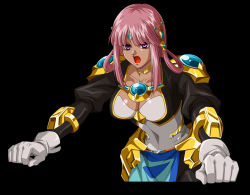 Rule 34 | 1girl, ariel org, banpresto, black background, breasts, cleavage, collarbone, dark skin, gloves, hair ornament, jewelry, long hair, lots of jewelry, open mouth, pink hair, purple eyes, real robot regiment, super robot wars