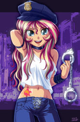 Rule 34 | 1girl, aqua eyes, blonde hair, choker, colored skin, cuffs, denim, handcuffs, hat, highres, jeans, long hair, midriff, multicolored hair, my little pony, my little pony: equestria girls, my little pony: friendship is magic, navel, off shoulder, open mouth, pants, police hat, red hair, solo, sunset shimmer, tattoo, two-tone hair, uotapo, yellow skin