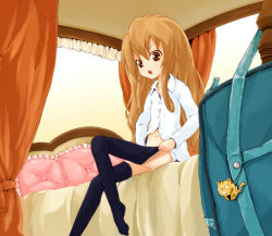 Rule 34 | 00s, 1girl, aisaka taiga, bad id, bad pixiv id, bag, bed, bedroom, bottomless, brown eyes, brown hair, dress shirt, dressing, female focus, flat chest, frilled pillow, frills, indoors, charm (object), long hair, navel, no pants, open mouth, panties, pillow, shirt, solo, supopo, thighhighs, toradora!, underwear