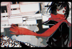 Rule 34 | 1girl, additional memory (vocaloid), arm at side, black border, black hair, black sailor collar, black serafuku, black skirt, blurry, border, chair, chromatic aberration, commentary, covered mouth, desk, empty eyes, enpera, floating scarf, hair between eyes, hair ornament, hairclip, kagerou project, long sleeves, looking away, mekakucity actors, monochrome background, muuta04, partially colored, red eyes, red scarf, sailor collar, scarf, school desk, school uniform, serafuku, skirt, solo, song name, spot color, tateyama ayano, translated, upside-down, vocaloid