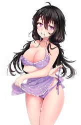 Rule 34 | 1girl, apron, apron lift, bad id, bad pixiv id, beifeng han, black hair, breasts, cleavage, clothes lift, eyebrows hidden by hair, female focus, floral print, hair between eyes, large breasts, long hair, md5 mismatch, miyaura sanshio, original, panties, print panties, purple eyes, purple panties, side-tie panties, simple background, solo, thighs, twintails, underwear, untying, white background