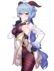 Rule 34 | 1girl, ahoge, bare shoulders, bell, black bodysuit, blue hair, bodysuit, breasts, cowbell, cowboy shot, detached sleeves, covered erect nipples, ganyu (genshin impact), genshin impact, gloves, goat horns, half-closed eyes, heart, horns, index finger raised, jageungansik, lifting own clothes, long hair, long sleeves, looking at viewer, low ponytail, medium breasts, purple eyes, sideboob, simple background, skin tight, skirt, skirt set, smile, solo, white background