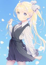 Rule 34 | 1girl, :o, ahoge, black bra, black dress, blonde hair, blue background, blue eyes, bra, breasts, buttons, collared shirt, cowboy shot, dress, dress shirt, flower, from side, hair ornament, high ponytail, holding, holding own hair, long sleeves, looking at viewer, mosuko, original, parted lips, petals, pinafore dress, polka dot, see-through, shirt, signature, simple background, sleeveless, sleeveless dress, small breasts, solo, underwear, walking, white flower, wind