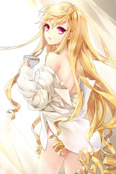 Rule 34 | 1girl, bare legs, bare shoulders, blonde hair, cinia pacifica, cocoon (loveririn), cup, dress shirt, drill hair, from behind, holding, long hair, looking back, lowres, naked shirt, open mouth, red eyes, shirt, solo, sword girls, very long hair