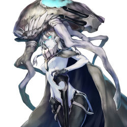 Rule 34 | 10s, 1girl, abyssal ship, album cover, black gloves, blue eyes, bodysuit, breasts, cape, cover, essual (layer world), gloves, kantai collection, long hair, silver hair, simple background, small breasts, solo, white background, wo-class aircraft carrier