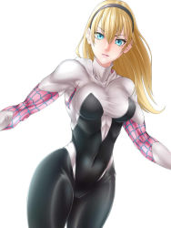 Rule 34 | 1girl, akx90000, animification, armpits, blonde hair, blue eyes, bodysuit, breasts, closed mouth, covered navel, cowboy shot, gwen stacy, hairband, looking at viewer, marvel, medium breasts, short hair, skin tight, solo, spider-girl, spider-gwen, spider-man (series), spider web print, superhero costume, turtleneck