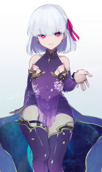 Rule 34 | 1girl, akycoo, armlet, armor, bare shoulders, bikini armor, bracelet, breasts, collar, detached sleeves, dress, earrings, fate/grand order, fate (series), floral print, hair ribbon, highres, jewelry, kama (fate), kama (first ascension) (fate), looking at viewer, metal collar, miniskirt, pelvic curtain, pink eyes, pink ribbon, purple dress, purple skirt, purple sleeves, purple thighhighs, ribbon, ring, short hair, silver hair, skirt, small breasts, smile, thighhighs, thighlet, thighs