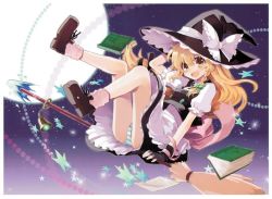 Rule 34 | 1girl, :d, arm behind head, bare legs, blonde hair, book, braid, broom, broom riding, buttons, chiba sadoru, dress, female focus, fingerless gloves, full moon, gloves, hair ribbon, hand on headwear, happy, hat, jpeg artifacts, kirisame marisa, legs up, moon, night, night sky, open mouth, panties, pantyshot, ribbon, sencha, shoes, side braid, sky, smile, socks, solo, star (symbol), striped clothes, striped panties, touhou, underwear, witch, witch hat