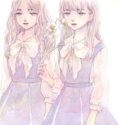 Rule 34 | 2girls, blue dress, bow, bowtie, buttons, closed mouth, daffodil, dress, expressionless, flower, grey eyes, holding, holding flower, long hair, looking at viewer, multiple girls, original, painting (medium), shirt, simple background, standing, traditional media, uniform, watercolor (medium), wavy hair, white background, white bow, white bowtie, white flower, white hair, white shirt, yana kotta