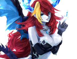 Rule 34 | 1girl, blue eyes, blue skin, breast hold, breasts, cleavage, colored skin, demon girl, demon wings, elbow gloves, gloves, hera-is (p&amp;d), hera (p&amp;d), streaked hair, highres, horns, jewelry, kuroame, long hair, multicolored hair, necklace, pointy ears, puzzle &amp; dragons, red hair, solo, tail, wings