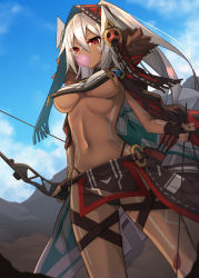 Rule 34 | 1girl, absurdres, arrow (projectile), ashisi, azur lane, bad id, bad pixiv id, bodypaint, bow (weapon), breasts, blowing bubbles, cape, chewing gum, cloak, commentary, dark-skinned female, dark skin, dutch angle, facepaint, from below, fur-trimmed cape, fur trim, hair between eyes, highleg, highleg panties, highres, holding, holding weapon, hood, large breasts, long hair, looking at viewer, midriff, minneapolis (azur lane), narrowed eyes, native american, navel, panties, ponytail, red eyes, revealing clothes, solo, standing, tassel, thong, toned, underboob, underwear, weapon, white hair
