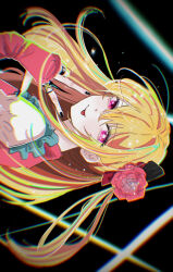 Rule 34 | 1girl, absurdres, black background, black nails, blonde hair, chromatic aberration, closed mouth, commentary, dress, flower, frilled dress, frills, hair between eyes, hair flower, hair ornament, highres, hoshino ruby, idol, jewelry, long hair, mam0524, one side up, oshi no ko, pink dress, pink eyes, ring, rose, sidelocks, sideways, solo, star-shaped pupils, star (symbol), symbol-shaped pupils, tongue, tongue out, v