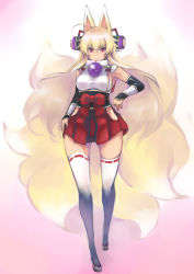 Rule 34 | 1girl, absurdres, animal ears, armpits, bare hips, bare shoulders, blonde hair, detached sleeves, fox ears, fox tail, full body, highres, hip vent, izuna (shinrabanshou), johan (johan13), long hair, looking at viewer, multiple tails, pleated skirt, red eyes, sandals, scroll, shinrabanshou, skirt, smile, solo, tail, thigh gap, thighhighs, white thighhighs, wide hips, zettai ryouiki