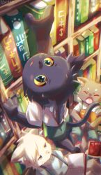Rule 34 | 3boys, animal ear fluff, animal ears, blue eyes, blush, body fur, book, bookshelf, cat ears, cat tail, child, chromatic aberration, claws, climbing, colored sclera, dated, closed eyes, furry, highres, library, multiple boys, open mouth, original, piporinton, reaching, reading, shorts, suspenders, tail, whiskers, yellow sclera