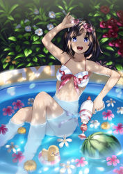 Rule 34 | 1girl, bikini, black hair, blue eyes, dappled sunlight, flower, food, fruit, goggles, goggles on head, looking at viewer, navel, open mouth, original, partially submerged, pool, rubber duck, short hair, sitting, solo, sunlight, swimsuit, unowen, wading pool, water, water gun, watermelon