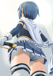 Rule 34 | 1girl, armlet, ass, blue gloves, blue hair, blue shirt, blue skirt, boots, cape, chicken (chickenx), cowboy shot, crotch seam, elbow gloves, frilled shirt, frills, from behind, gloves, hair ornament, hairclip, highres, holding, holding cape, holding clothes, holding sword, holding weapon, magical girl, mahou shoujo madoka magica, mahou shoujo madoka magica (anime), miki sayaka, miniskirt, panties, pantyshot, pleated skirt, shirt, short hair, skirt, solo, standing, sword, thigh boots, thigh strap, thighhighs, underwear, upskirt, weapon, white cape, white footwear, white gloves, white panties