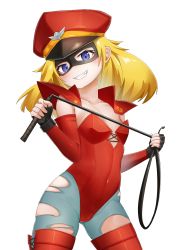 Rule 34 | 1girl, absurdres, blonde hair, blue eyes, carbon12th, commentary, commission, dominatrix, fingerless gloves, gloves, hat, highres, huge filesize, leotard, long hair, looking at viewer, nora (bare knuckle), pantyhose, red leotard, sega, simple background, solo, streets of rage, thighhighs, torn clothes, torn legwear, transparent background, whip, white background