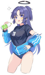 Rule 34 | 1girl, black shirt, blue archive, blue buruma, blue jacket, blush, bottle, breasts, buruma, commentary request, cowboy shot, flying, gym uniform, halo, highres, holding, holding bottle, id card, jacket, kaito (kaito921125), lanyard, long hair, looking at viewer, mechanical halo, medium breasts, off shoulder, official alternate costume, open clothes, open jacket, open mouth, parted bangs, partially unzipped, ponytail, purple eyes, purple hair, shirt, sidelocks, simple background, smile, solo, star (symbol), sticker on face, track jacket, two-sided fabric, two-sided jacket, white background, yuuka (blue archive), yuuka (track) (blue archive)
