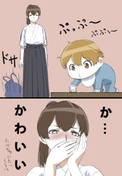Rule 34 | 10s, 1boy, admiral (kancolle), bag, blonde hair, blush, brown eyes, brown hair, close-up, comic, covering own mouth, falling, hakama, hakama skirt, heart, heart-shaped pupils, ishii hisao, japanese clothes, kaga (kancolle), kantai collection, little boy admiral (kancolle), long hair, motion lines, o3o, pale skin, pink background, school bag, short hair, shoulder bag, side ponytail, simple background, skirt, standing, symbol-shaped pupils, translation request, upper body