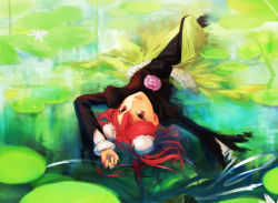 Rule 34 | 1girl, bandages, bun cover, double bun, female focus, highres, ibaraki kasen, lily pad, looking at viewer, lying, on back, pond, red eyes, red hair, samanta, short hair, solo, submerged, touhou, upside-down, water