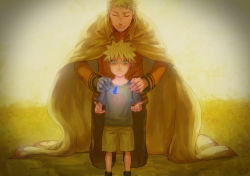 Rule 34 | 2boys, age comparison, age progression, aged down, aged up, andref kanzaki, bandaged arm, bandages, blonde hair, blue eyes, bug, butterfly, cape, child, cloak, closed eyes, cupping hands, dual persona, emblem, field, hands on shoulders, highres, insect, kneeling, male focus, multiple boys, naruto, naruto (series), own hands together, short hair, shorts, smile, spiked hair, uzumaki naruto, whiskers, yellow theme