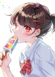Rule 34 | 1girl, blush, bow, bowtie, brown hair, collared shirt, eating, food, fruit, hair ornament, hairclip, highres, holding, holding food, looking at viewer, original, ponytail, popsicle, red bow, red bowtie, red eyes, shinishi chiho, shirt, short hair, short ponytail, signature, simple background, solo, strawberry, upper body, white background, white shirt