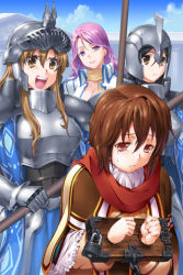 Rule 34 | 4girls, armor, black hair, blonde hair, breastplate, breasts, brown eyes, brown hair, chain, cleavage, clenched hands, crying, crying with eyes open, expressionless, frills, gauntlets, grin, helm, helmet, henshako, holding, jacket, lock, long hair, lowres, multiple girls, open mouth, pauldrons, pink hair, scarf, short hair, shoulder armor, smile, stocks, sword girls, tears, wavy hair, yellow eyes