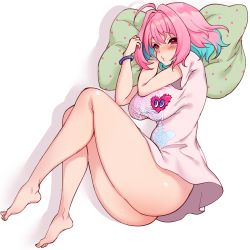 Rule 34 | 1girl, aqua hair, ass, barefoot, blush, bottomless, bracelet, breasts, full body, idolmaster, jewelry, large breasts, legs, looking at viewer, lying, matching hair/eyes, multicolored hair, on side, parted lips, pillow, pink eyes, pink hair, pink shirt, shirt, short hair, simple background, solo, t-shirt, toriseru (rare stone), two-tone hair, white background, yumemi riamu