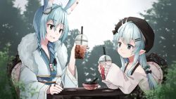Rule 34 | 2girls, absurdres, animal ear fluff, animal ears, bad id, bad pixiv id, beret, black eyes, black headwear, blue eyes, blue hair, bow, braid, bubble tea, commentary request, commission, cup, disposable cup, drinking straw, fur collar, hair between eyes, hair bow, hair ornament, hairclip, hat, highres, light blue hair, long hair, looking at another, multiple girls, nanana (nanana iz), original, pointy ears, rabbit ears, rabbit girl, skeb commission, sleeves past wrists
