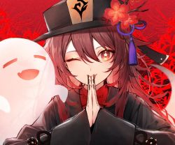 Rule 34 | 1girl, ;), ;p, black hat, black shirt, brown hair, chinese clothes, commentary, fang, flower, flower-shaped pupils, genshin impact, ghost, hair between eyes, hat, hat flower, highres, hu tao (genshin impact), kuwashima rein, long hair, long sleeves, looking at viewer, one eye closed, own hands together, red eyes, shirt, smile, solo, symbol-only commentary, symbol-shaped pupils, tassel, tongue, tongue out, upper body