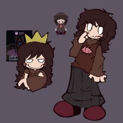 Rule 34 | 1girl, black skirt, brown hair, brown sweater, collective unconscious, crown, grey background, long hair, minnatsuki, red footwear, simple background, skirt, smile, solo, standing, sweater, tacoman