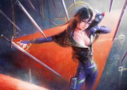 Rule 34 | 1girl, abstract, black hair, blue eyes, breasts, cat, cleavage, closed mouth, commentary request, green eyes, grey cat, heterochromia, lips, medium breasts, nababa, nose, original, short hair, solo, sword, weapon