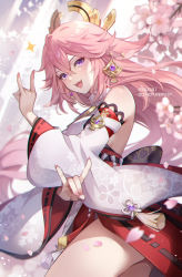Rule 34 | 1girl, :d, animal ears, bad id, bad twitter id, bare shoulders, blush, branch, cherry blossoms, commentary, cowboy shot, detached sleeves, dress, earrings, falling petals, fingernails, floral print, fox shadow puppet, genshin impact, gohei, hair between eyes, hair ornament, hand up, highres, holding, japanese clothes, jewelry, long hair, long sleeves, looking at viewer, miko, nail polish, open mouth, petals, pink hair, pink nails, priestess, print dress, print sleeves, purple eyes, qi2341, simple background, smile, solo, sparkle, standing, tassel, teeth, thighs, upper teeth only, very long hair, yae miko